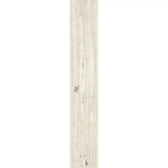 Feinsteinzeug in roher matter weißer Holzoptik 20x120 - Ital. Fliesen -  - Helle Holzplatte mit sichtbarer Maserung und dunklen Ästen.