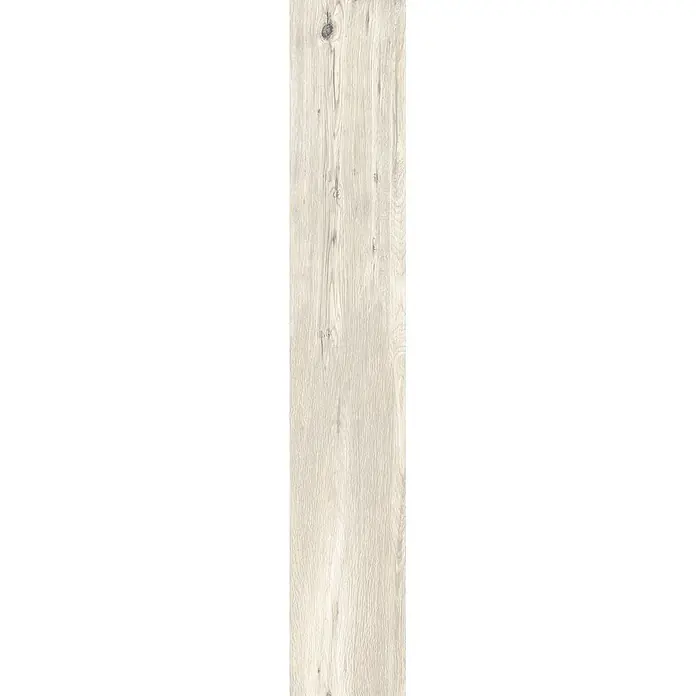 Feinsteinzeug in roher matter weißer Holzoptik 20x120 - Ital. Fliesen -  - Helle gebleichte Holzstruktur mit ausgeprägter Maserung und Ästen, ideal für Boden oder Wandpaneele.