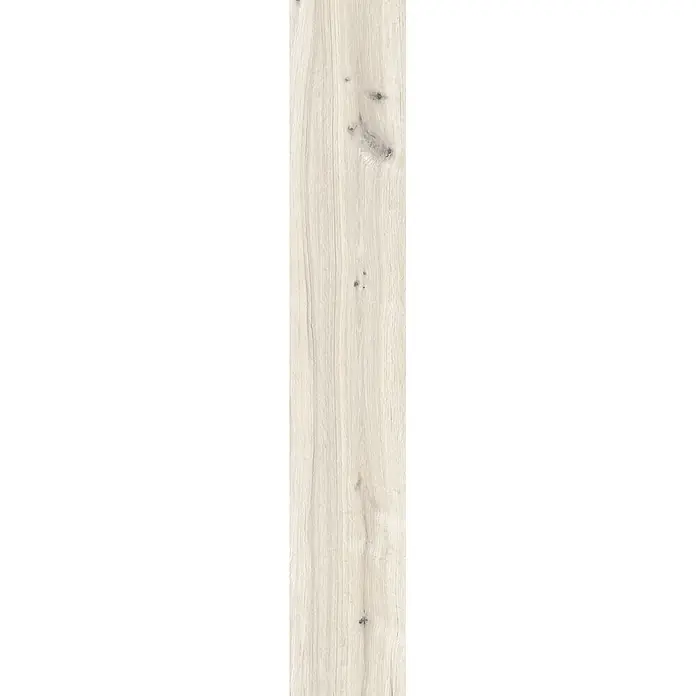 Feinsteinzeug in roher matter weißer Holzoptik 20x120 - Ital. Fliesen -  - Helle Holztextur mit sichtbarer Maserung und natürlichen Ästen.