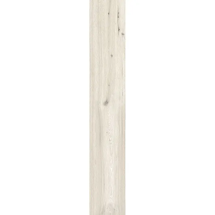 Feinsteinzeug in roher matter weißer Holzoptik 20x120 - Ital. Fliesen -  - Helle Holzplatte mit ausgeprägter Maserung und dezenten Ästen, ideal für Boden oder Wandverkleidung.
