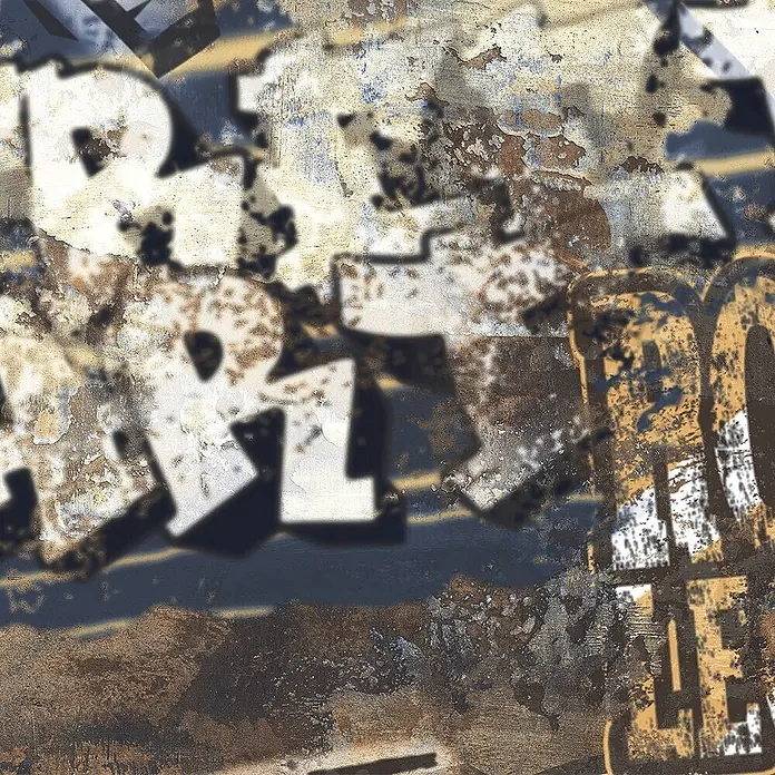 Dekorierte Graffiti-Feinsteinzeug Wandfliese in Mehrfarbig - Ital. Fliesen -  - Distressed industrielle Grunge-Textur mit abstrakter weißer und gelbbrauner fragmentierter Typografie auf einer abblätternden, rostigen Oberfläche.
