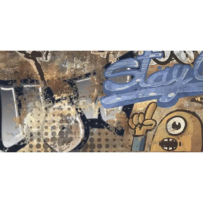 Dekorierte Graffiti-Feinsteinzeug Wandfliese in Mehrfarbig - Ital. Fliesen -  - Dynamisches urbanes Graffiti-Kunstwerk auf einer strukturierten, rostigen Wand mit blauem 'Stay'-Schriftzug und einer zeigenden Cartoon-Figur.