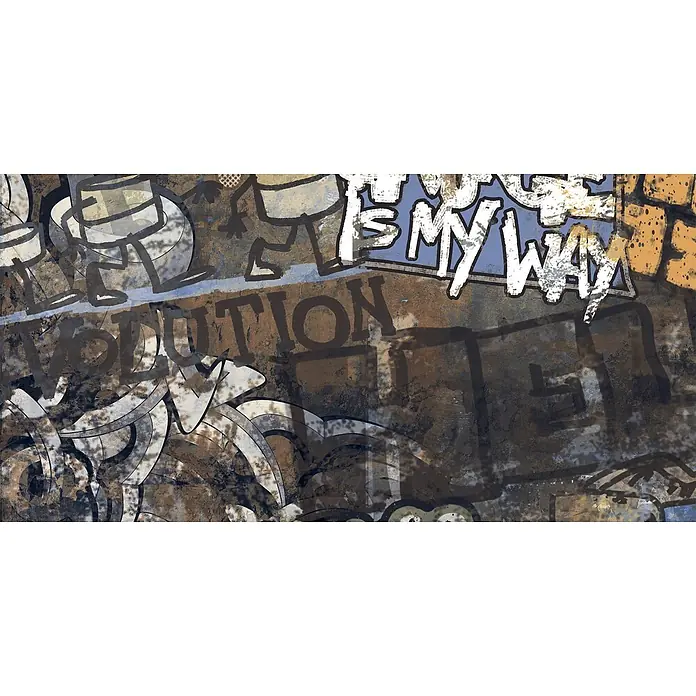 Dekorierte Graffiti-Feinsteinzeug Wandfliese in Mehrfarbig - Ital. Fliesen -  - Verwitterter Graffiti-Hintergrund mit Textelementen, in Braun-, Blau- und Weißtönen.