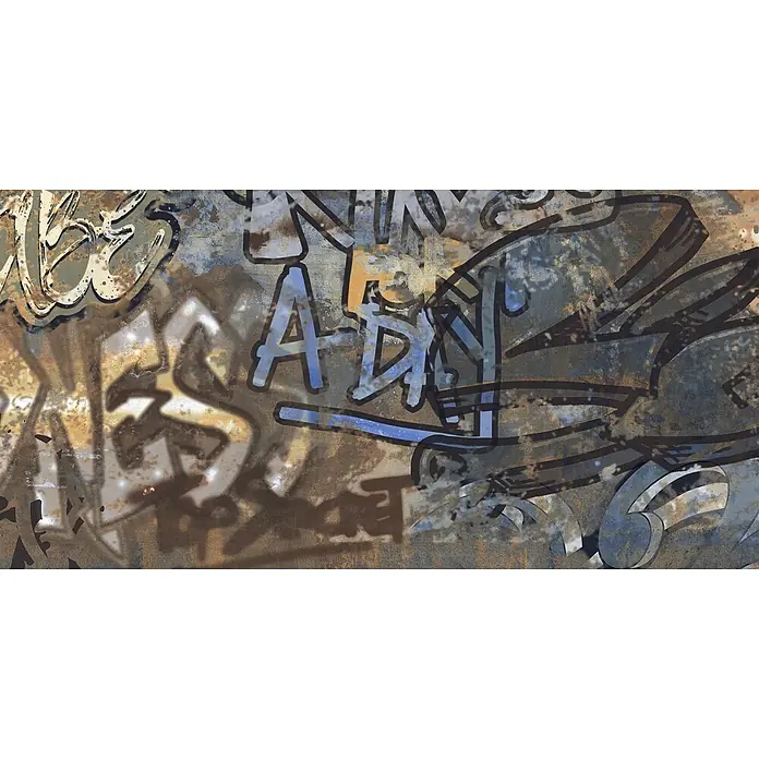 Dekorierte Graffiti-Feinsteinzeug Wandfliese in Mehrfarbig - Ital. Fliesen -  - Grunge-Graffiti-Kunst auf verwittertem, rostigem Metallhintergrund mit geschichteten blauen, braunen und schwarzen Sprühfarbdesigns.
