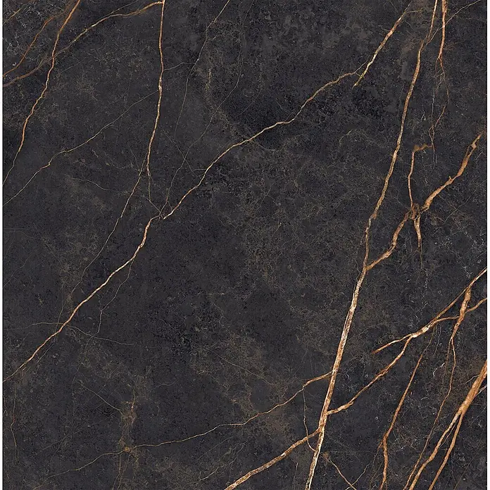 Feinsteinzeug in glänzender Marmoroptik 120x120 - Italienische Fliesen -  - Dunkle Marmortextur mit auffälligen Goldadern.
