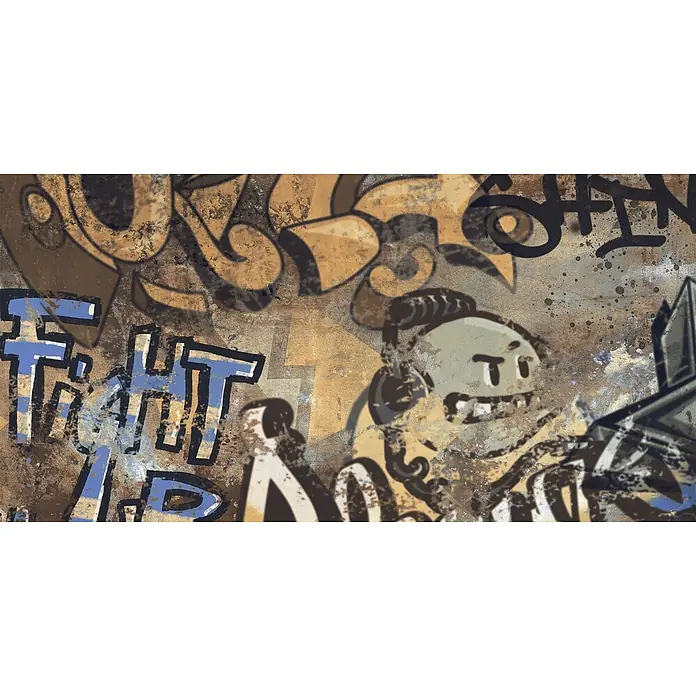 Dekorierte Graffiti-Feinsteinzeug Wandfliese in Mehrfarbig - Ital. Fliesen -  - Lebhaftes Graffiti auf strukturierter Wand, mit blau-weißen Blockbuchstaben 'FIGHT' und einer cartoonartigen Figur.