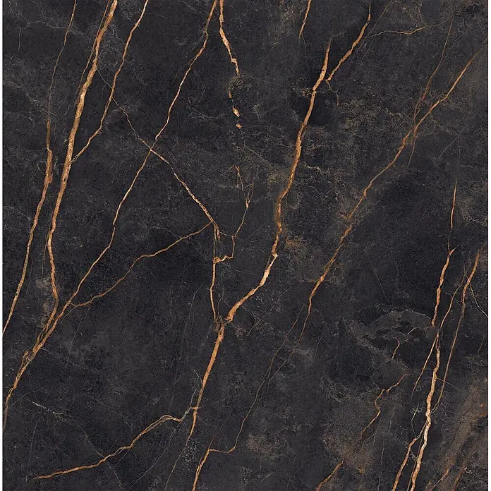 Feinsteinzeug in glänzender Marmoroptik 120x120 - Italienische Fliesen -  - Schwarze Marmoroberfläche mit auffälliger Goldaderung, ideal für luxuriöse Fliesen oder Arbeitsplatten.
