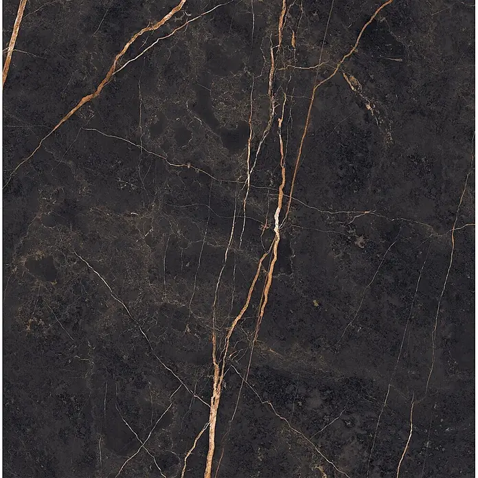 Feinsteinzeug in glänzender Marmoroptik 120x120 - Italienische Fliesen -  - Dunkle Marmorplatte mit markanten goldenen und kupferfarbenen Äderungen, ideal für elegante Oberflächen.