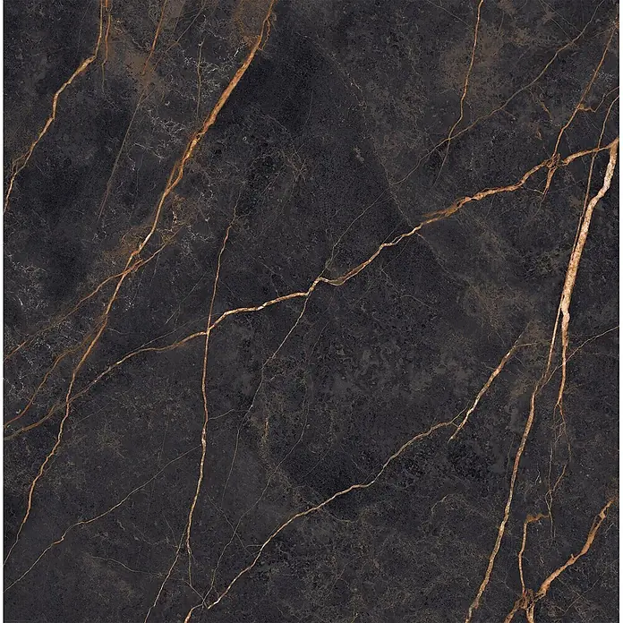 Feinsteinzeug in glänzender Marmoroptik 120x120 - Italienische Fliesen -  - Dunkelgraue Marmorfliese mit eleganten goldenen Äderungen, ideal für moderne Boden- oder Wandverkleidungen.