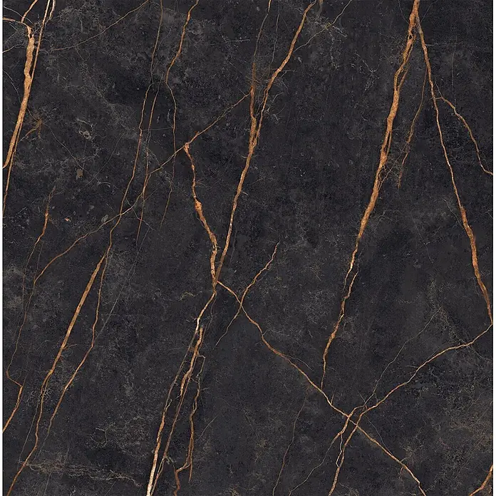 Feinsteinzeug in glänzender Marmoroptik 120x120 - Italienische Fliesen -  - Schwarzer Marmor mit auffälligen goldenen Äderungen.