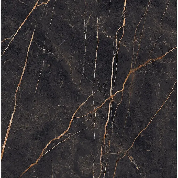 Feinsteinzeug in glänzender Marmoroptik 120x120 - Italienische Fliesen -  - Dunkle Marmoroberfläche mit markanten goldenen und subtilen weißen Adern, ideal für elegante Böden oder Arbeitsplatten.