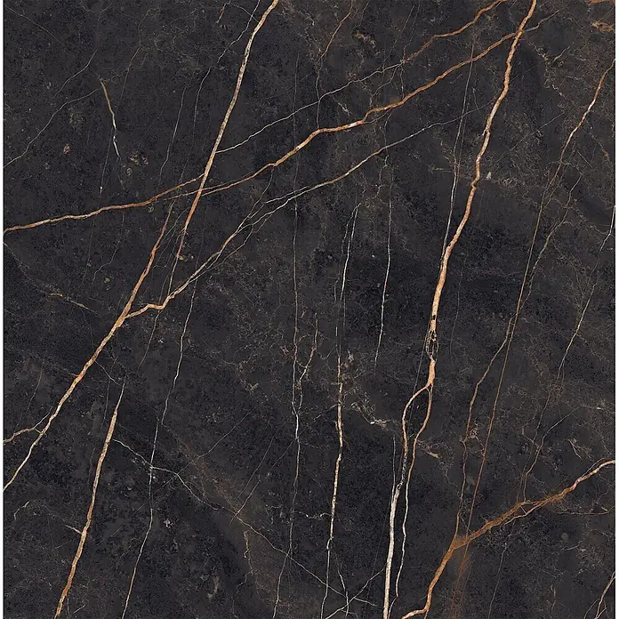 Feinsteinzeug in glänzender Marmoroptik 120x120 - Italienische Fliesen -  - Schwarzer Marmor mit ausgeprägten goldenen und weißen Adern, ideal für luxuriöse Interieurs.