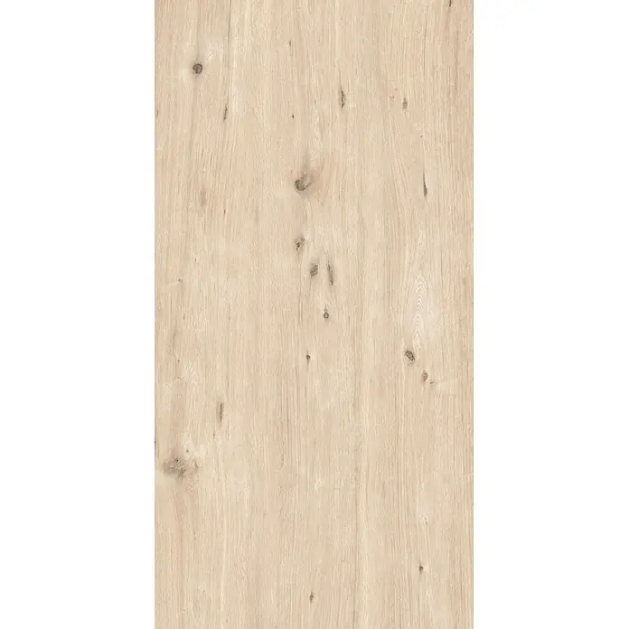 Feinsteinzeug in weißer Holzoptik 60x120, 20 mm, rutschhemmend -  - Helle Holzplatte mit natürlicher Maserung und sichtbaren Ästen.