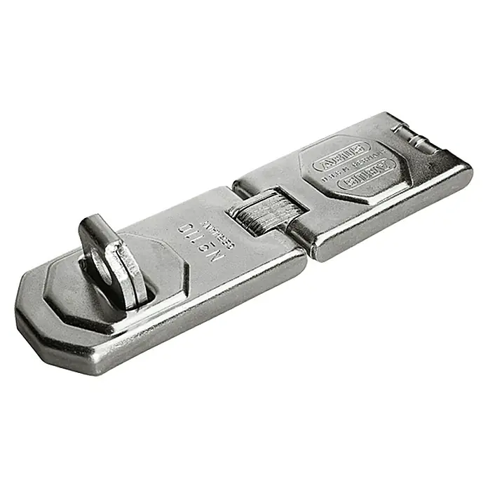 Abus Gelenk-Überfalle 110 - Maße Überfalle: 155 x 45 mm, Durchmesser Öse: 12,2 mm, Stahl - Ein silberner ABUS Riegel mit Öse zum Anbringen eines Vorhängeschlosses, ideal für zusätzliche Sicherheit.