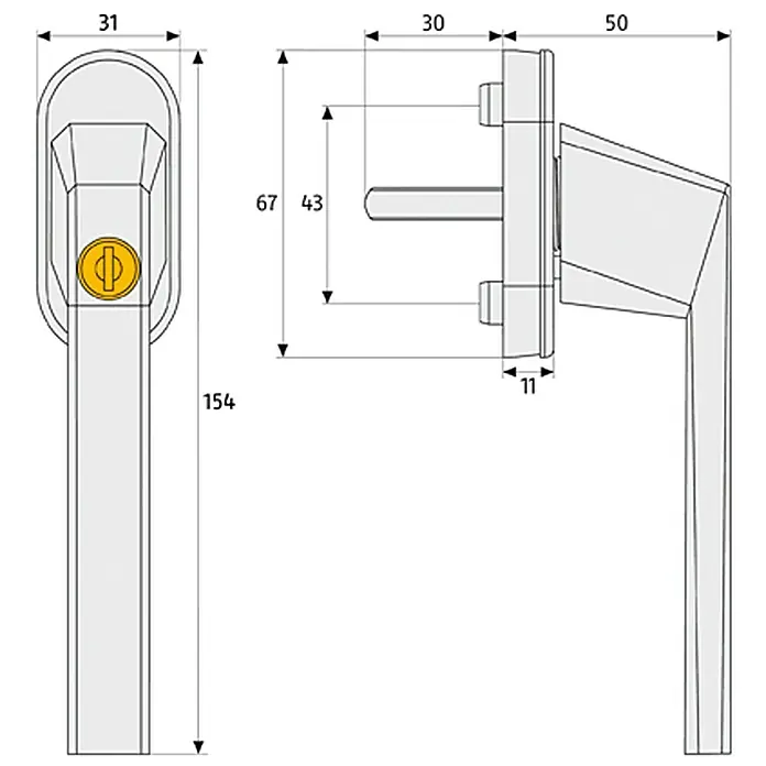 Abus Fenstergriff FG 110 - Braun, Abschließbar - Zeichnung eines Fenstergriffs mit den Maßen 31 x 154 mm (Griff) und 30 x 50 mm (Basis) zur detaillierten Produktbeschreibung.