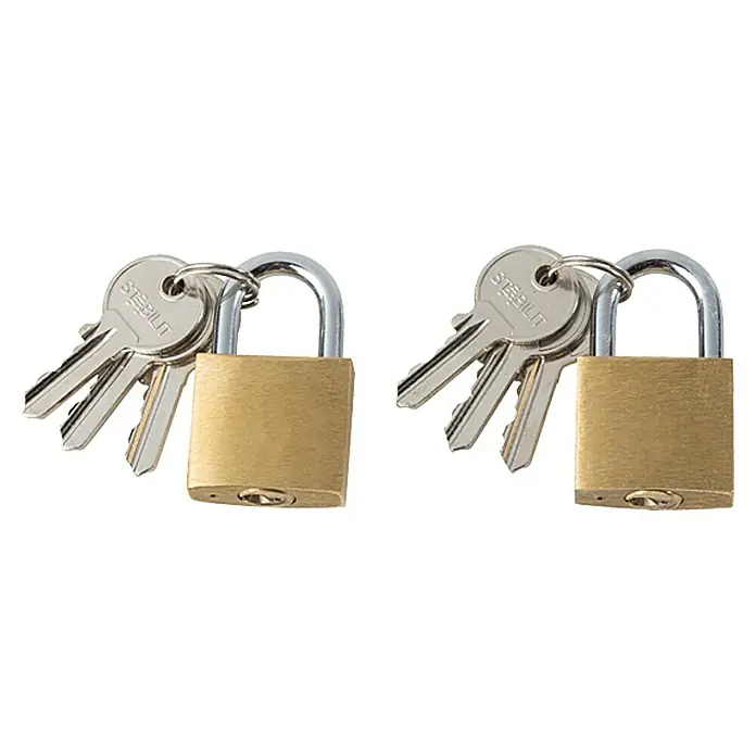 Stabilit Juego de candados - 2 ud., Ancho: 30 mm, Acero - Primer plano de dos candados de latón con llaves, destacando sus características de seguridad. La marca "Stabilit" es claramente visible en las llaves.