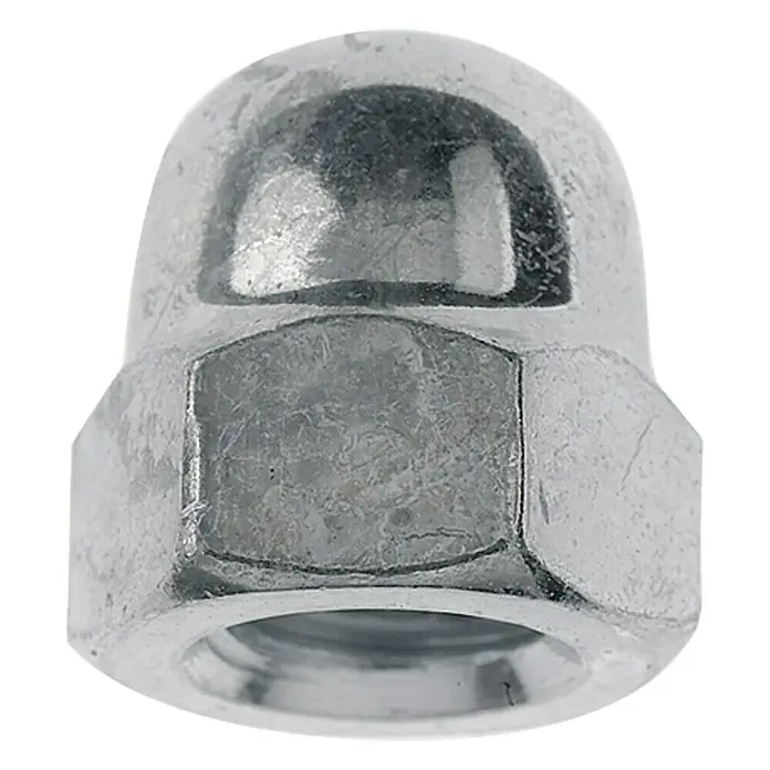 Profi Depot Hutmutter A2 - M 4, 100 Stk., Edelstahl - Nahaufnahme einer verchromten Hutmutter, einem Befestigungselement mit einer abgerundeten, domartigen Form für ein elegantes Aussehen.