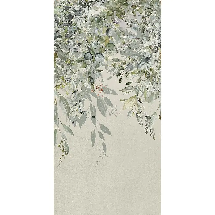 Dekorierte Wandfliese aus Feinsteinzeug 02 60x120 - Italienische Fliesen -  - Aquarell-Design aus grünem und grauem Laub mit Beeren.