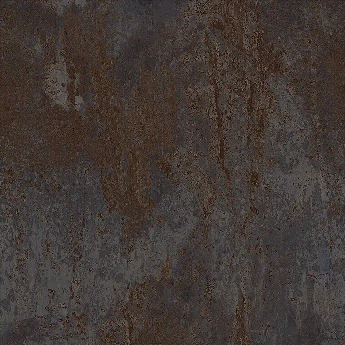 Feinsteinzeug in oxidierter schwarzer Metalloptik 80x80 - Ital. Fliesen -  - Dunkle, verwitterte Metalltextur mit rotbraunem Rost und unregelmäßigen Mustern.