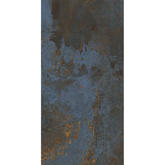 Feinsteinzeug in blauer Metalloptik 30x60 - Italienische Fliesen -  - Blau-graue Metallfliese mit oxidierter kupfer-oranger Textur, mit verwittertem und abgenutztem Aussehen.