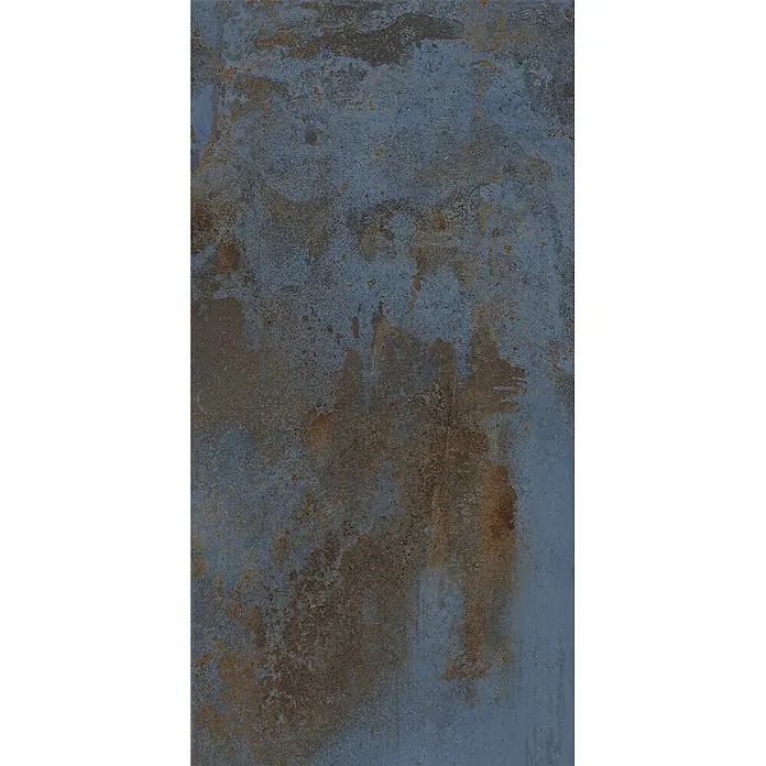 Feinsteinzeug in blauer Metalloptik 30x60 - Italienische Fliesen -  - Abgenutzte blau-graue und rostbraune Fliese mit strukturierter, industrieller Oberfläche.