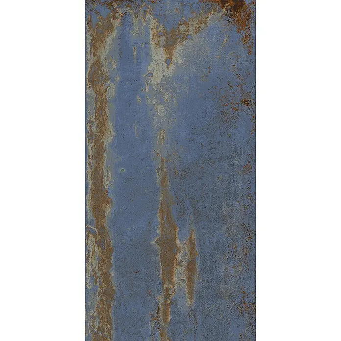 Feinsteinzeug in blauer Metalloptik 30x60 - Italienische Fliesen -  - Verwitterte blaue Metalltextur mit Rostflecken und Oxidation.