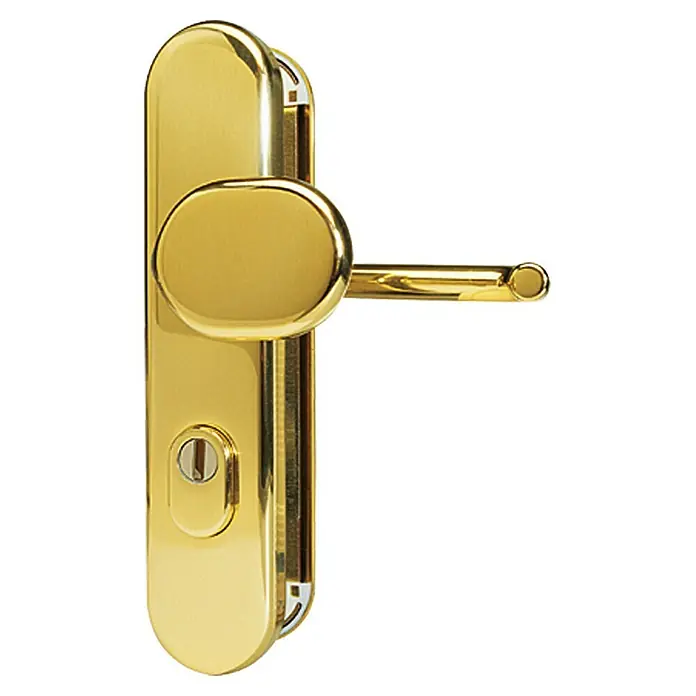 Abus Schutzbeschlag KLZS 714 - Wohnungsabschlusstür, Messing, Stärke Tür: 37 mm - 47 mm, Knopf außen, Drücker innen - Nahaufnahme eines glänzenden goldenen Türgriffs, der auf seinem schmalen Sockel montiert ist.