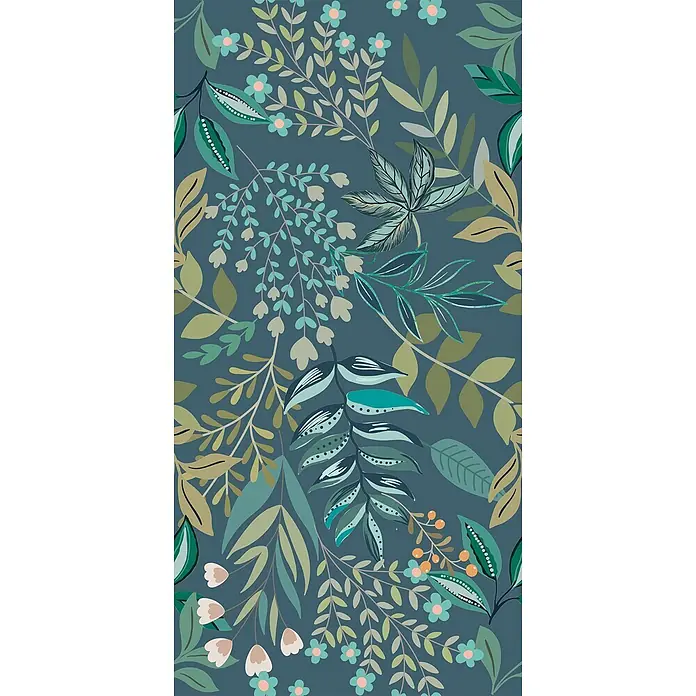 Dekorierte Wandfliese aus Feinsteinzeug 07 60x120 - Italienische Fliesen -  - Botanisches Muster mit grünen, türkisen, beigen Blättern und pinken Blüten auf dunkelblauem Hintergrund.