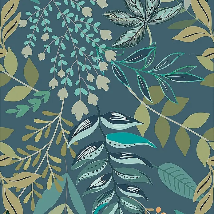 Dekorierte Wandfliese aus Feinsteinzeug 07 60x120 - Italienische Fliesen -  - Botanisches Muster mit grünen und blauen Blättern und hellen Blüten auf dunkelblaugrünem Hintergrund.