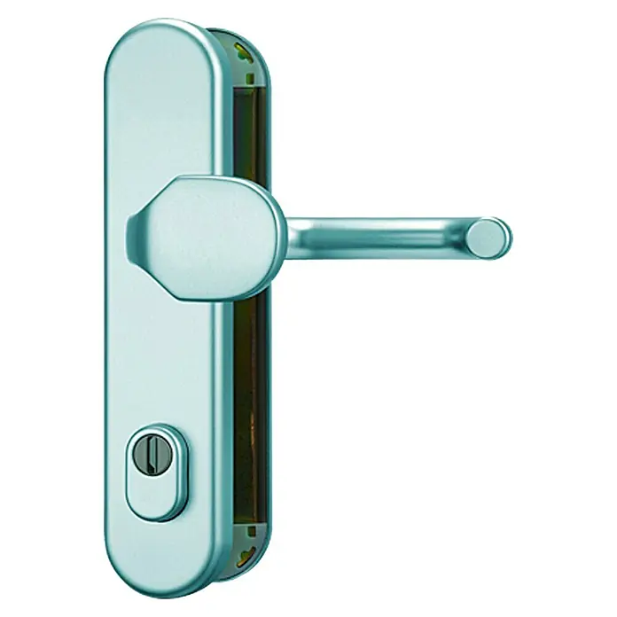 Abus Schutzbeschlag HLZS 814 - Hauseingangstür, Edelstahl, Knopf außen, Drücker innen, Form Schild: Abgerundet, Stärke Tür: 52 mm - 72 mm - Ein eleganter Türgriff aus gebürstetem Metall mit integriertem Schlosszylinder, ideal für moderne Inneneinrichtungen.