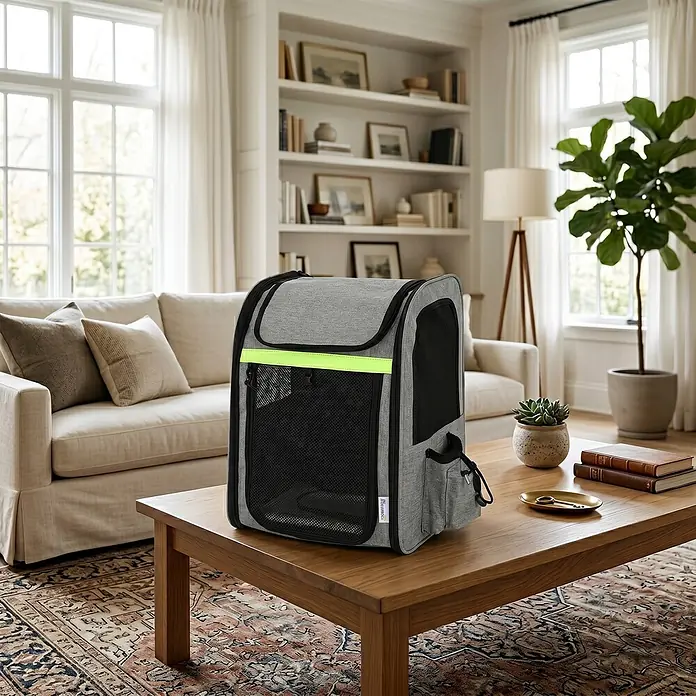 PawHut Katzentransporttasche Hellgrau 33,5L x 28B x 42H cm -  - Graue Haustiertragetasche mit neongrünem Streifen und Netz, auf einem Couchtisch.