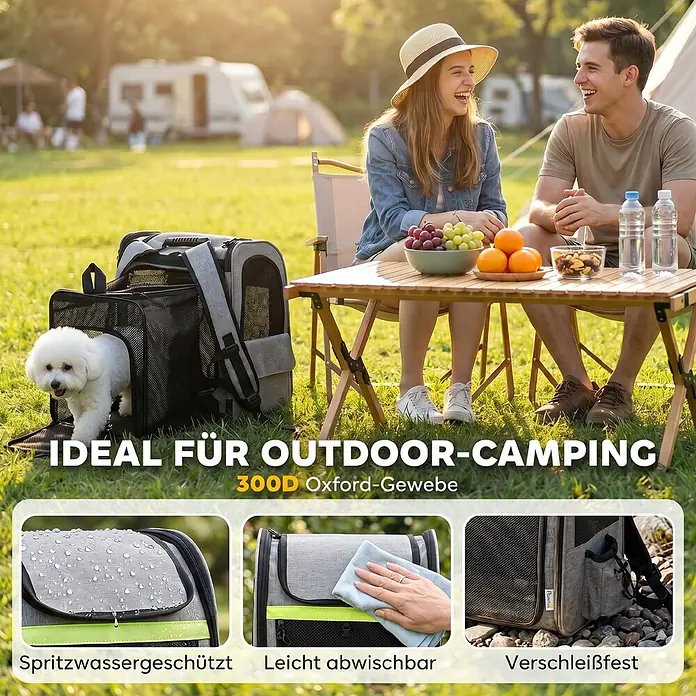 PawHut Katzentransporttasche Hellgrau 33,5L x 28B x 42H cm -  - Grauer Hunderucksack in Campingszene mit weißem Hund; spritzwassergeschütztes 300D Oxford-Gewebe, leicht abwischbar und verschleißfest.