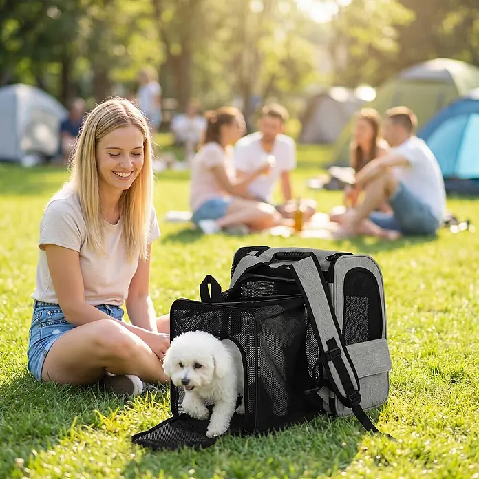 PawHut Katzentransporttasche Hellgrau 33,5L x 28B x 42H cm -  - Hellgrauer Haustier-Rucksack mit schwarzem Netz, offen auf dem Boden, ein weißer Hund kommt heraus, neben einer Person im Freien.
