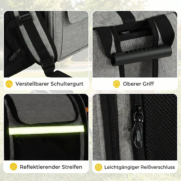 PawHut Katzentransporttasche Hellgrau 33,5L x 28B x 42H cm -  - Grauer Rucksack-Träger mit verstellbarem Schultergurt, oberem Griff, reflektierendem Streifen und leichtgängigem Reißverschluss.