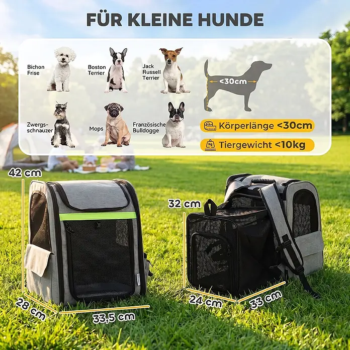 PawHut Katzentransporttasche Hellgrau 33,5L x 28B x 42H cm -  - Zwei graue Hunderucksacktragen mit Netzfenstern, eine hellgrau mit grünem Akzent, draußen mit Maßen für kleine Hunde gezeigt.