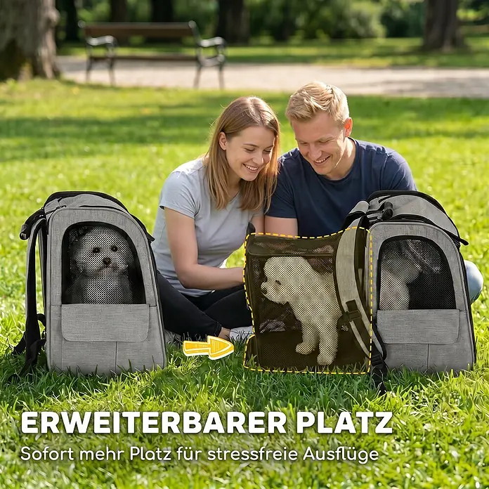 PawHut Katzentransporttasche Hellgrau 33,5L x 28B x 42H cm -  - Grauer erweiterbarer Haustierrucksack mit zwei kleinen Hunden und einem Paar, der zusätzlichen Platz zeigt.