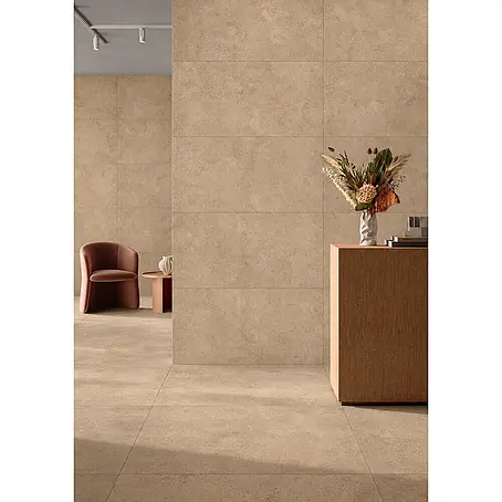 Feinsteinzeug-Fliese in strukturierter beiger Betonoptik 60x120