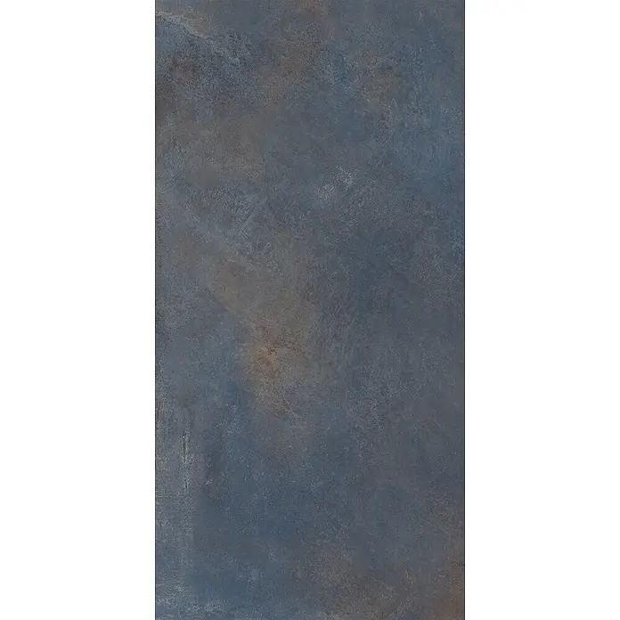 Feinsteinzeug in metallischer blauer Betonoptik 60x60 - Ital. Fliesen -  - Dunkelblaue, metallische Textur mit rotbraunem Rosteffekt.