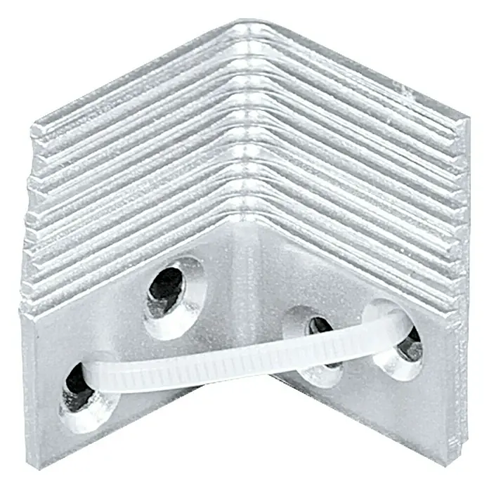 Vormann Escuadra de silla - L x An x Al: 25 x 25 x 15 mm, 12 ud., Acero - Primer plano de un soporte de aluminio plateado en ángulo recto con aletas de refrigeración y orificios de montaje, sujeto con brida.