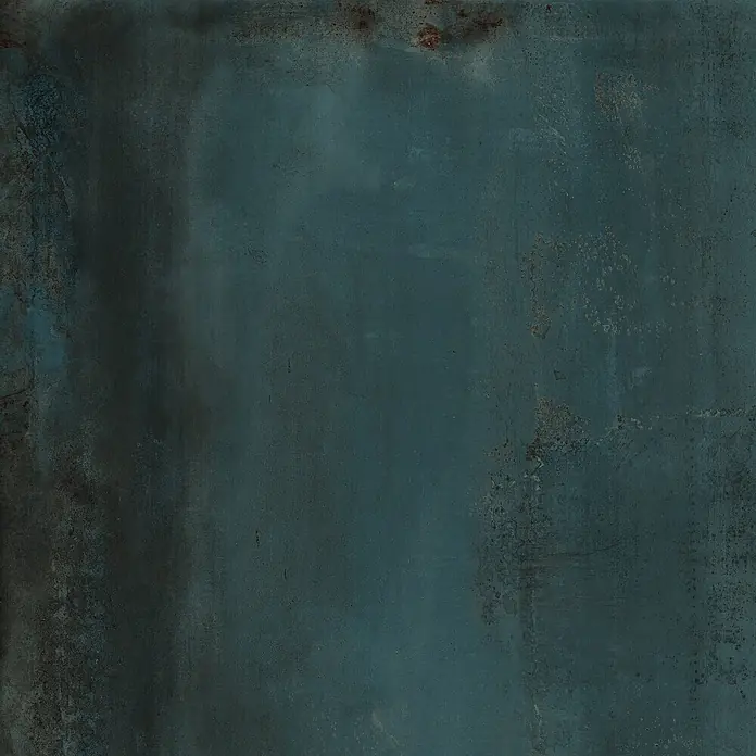 Design-Feinsteinzeug in Grün 120x120 - Italienische Fliesen -  - Dunkelpetrolfarbene Metalltextur mit rostbraunen Flecken, die einen gealterten und abgenutzten Look vermittelt.
