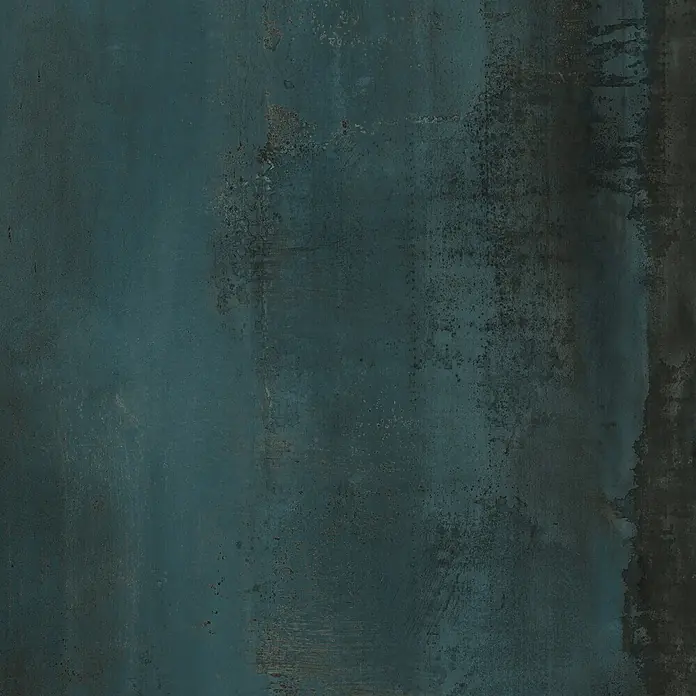 Design-Feinsteinzeug in Grün 120x120 - Italienische Fliesen -  - Dunkeltürkise, verwitterte Metalltextur mit Grunge-Elementen und Rostakzenten.
