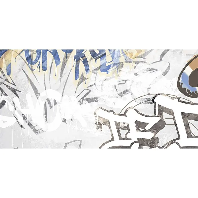 Dekorierte Graffiti-Feinsteinzeug Wandfliese in Weiß 60x120, Ret -  - Geschichtete Graffiti-Kunst an einer Wand, mit weißem, blauem, gelbem und grauem Text mit Tropfen und einer teilweisen braunen und blauen Augengrafik.