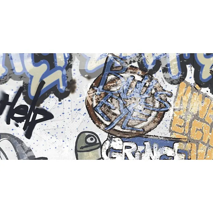 Dekorierte Graffiti-Feinsteinzeug Wandfliese in Weiß 60x120, Ret -  - Abstrakte Graffiti-Kunst mit 'Help', 'Bored Rebel', 'Grince', 'Nine Lives' in Blau, Gelb, Braun, Schwarz.