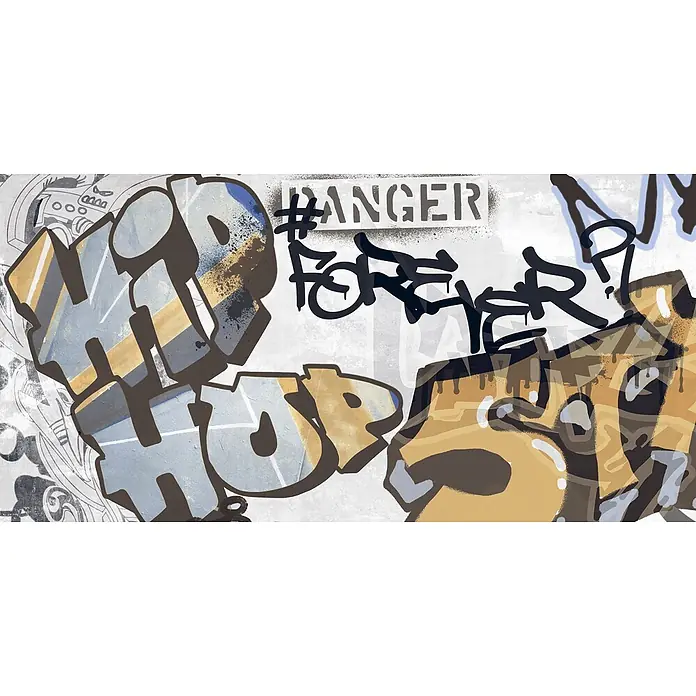 Dekorierte Graffiti-Feinsteinzeug Wandfliese in Weiß 60x120, Ret -  - Graffiti-Kunst mit 'HIP HOP' und 'BANGER FOREVER' in kräftigen, farbigen Buchstaben auf texturiertem Wandhintergrund.