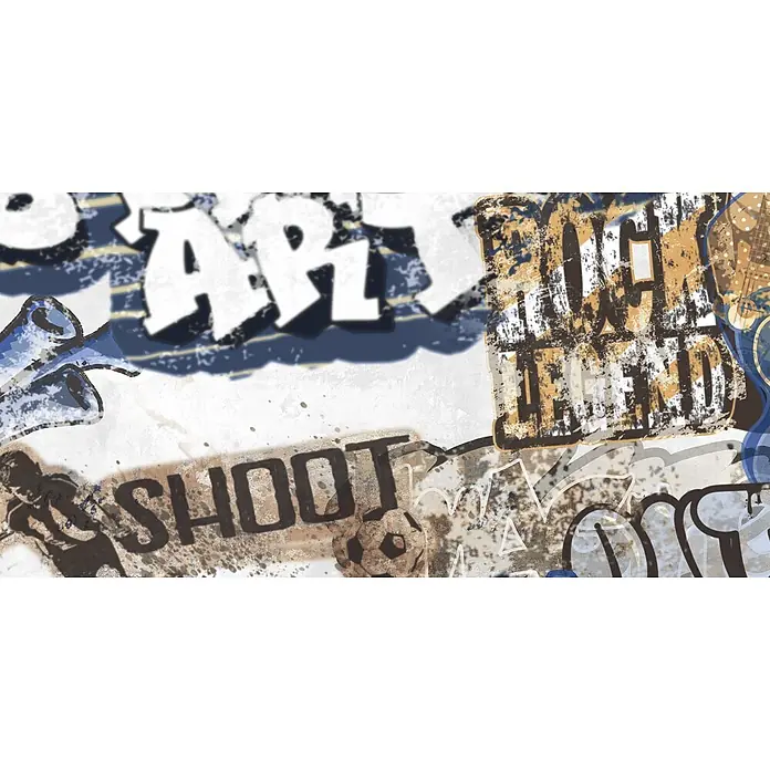 Dekorierte Graffiti-Feinsteinzeug Wandfliese in Weiß 60x120, Ret -  - Graffiti-Hintergrund mit "ART", "ROCK LEGEND", "SHOOT", Fußball und Gitarre im Grunge-Stil.