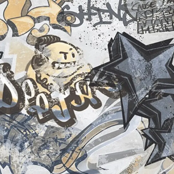 Dekorierte Graffiti-Feinsteinzeug Wandfliese in Weiß 60x120, Ret -  - Urbanes Graffiti-Muster mit Cartoon-Figur, großen schwarzen Sternen und ausdrucksstarkem Text in Grau-, Gelb- und Blautönen.