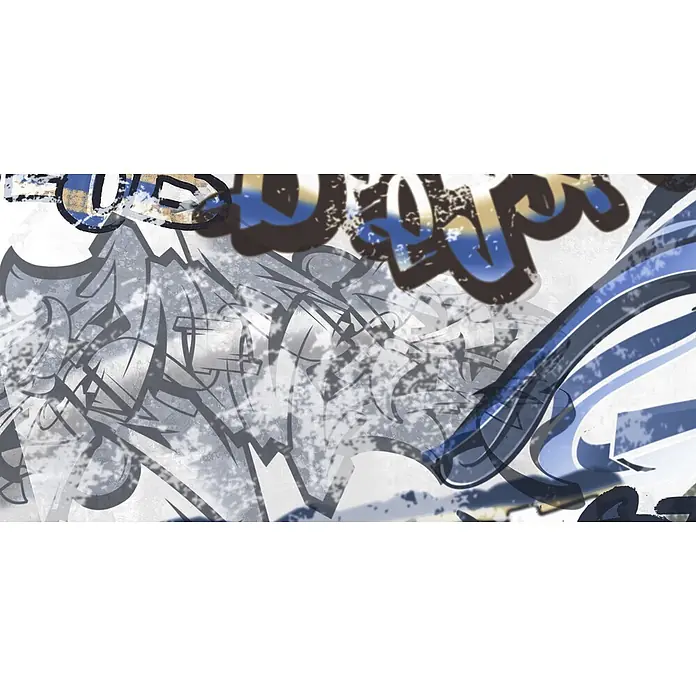 Dekorierte Graffiti-Feinsteinzeug Wandfliese in Weiß 60x120, Ret -  - Abstrakte Graffiti-Kunst mit überlappenden Grau-, Blau- und Brauntönen, Spritzern und stilisierten Buchstaben.