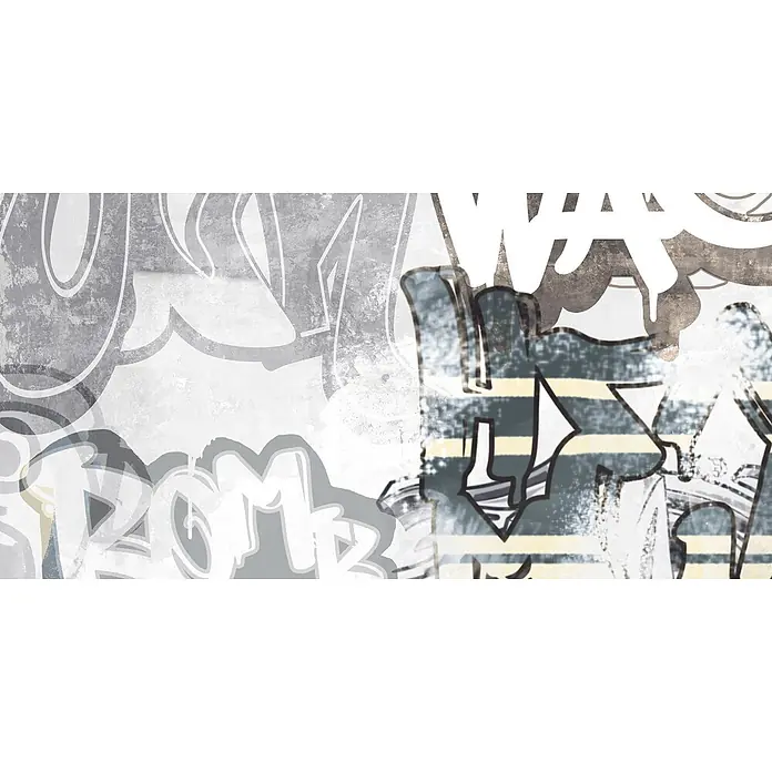 Dekorierte Graffiti-Feinsteinzeug Wandfliese in Weiß 60x120, Ret -  - Geschichtetes Graffiti-Wandbild mit abstrakten Buchstaben in Grau, Weiß, Blau und Gelb auf einer strukturierten Oberfläche.