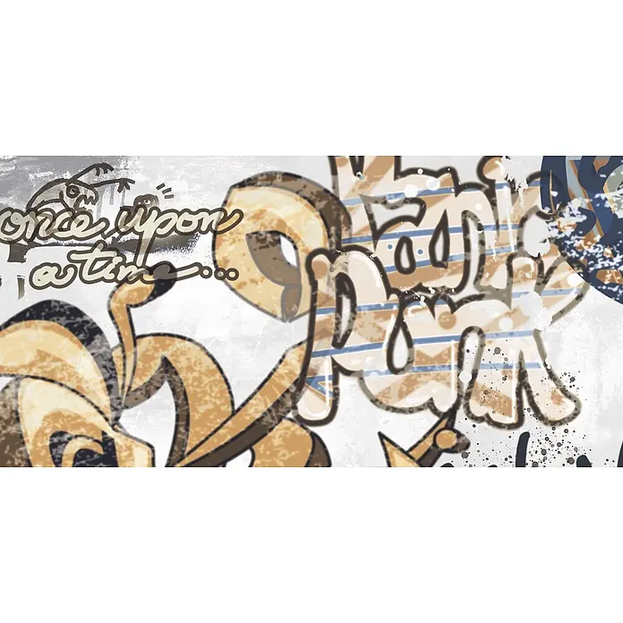 Dekorierte Graffiti-Feinsteinzeug Wandfliese in Weiß 60x120, Ret -  - Abstrakte Graffiti-Kunst mit dem Text "once upon a time...", einem monsterähnlichen Wesen und großen stilisierten Formen in strukturiertem Braun, Beige und Blau.