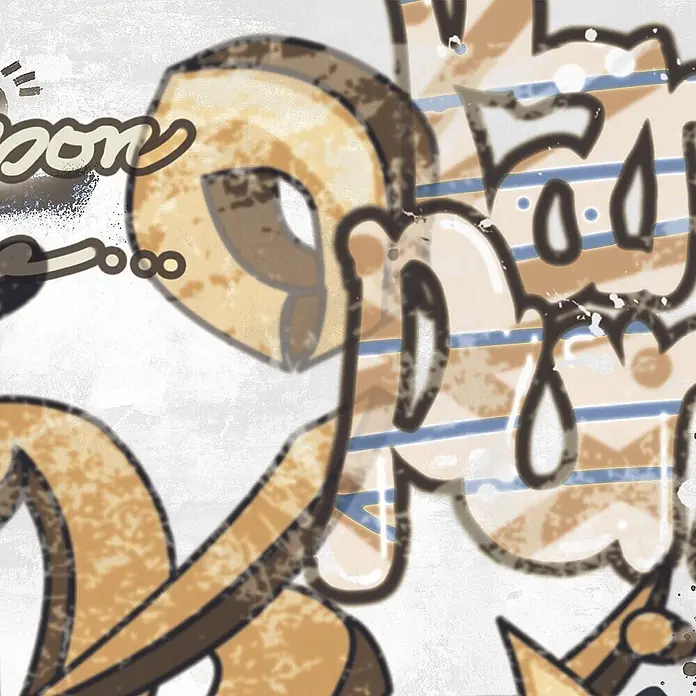 Dekorierte Graffiti-Feinsteinzeug Wandfliese in Weiß 60x120, Ret -  - Stilisiertes Grafikdesign mit braunen und beigen abstrakten Formen, hellblauen Streifen und einer Used-Textur.